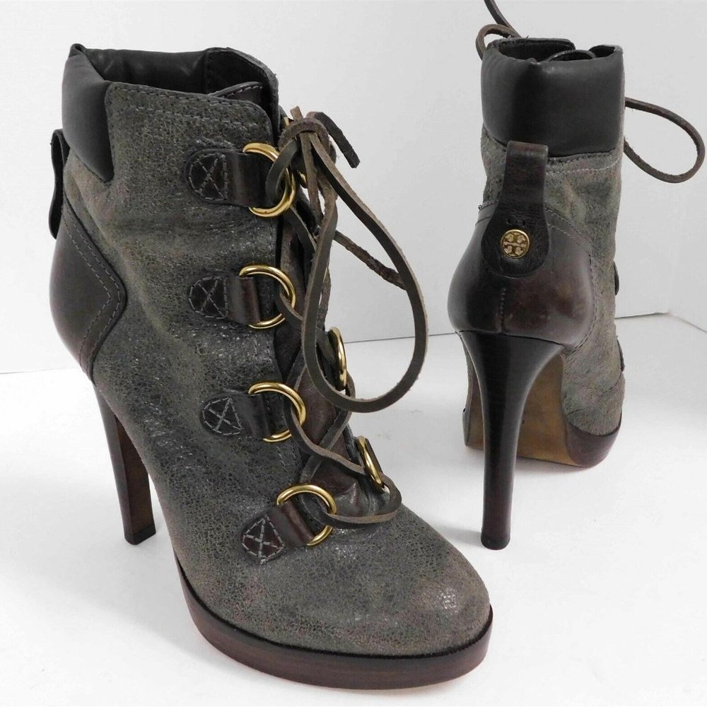 Tory‎ Burch Lawson Bootie Pewter Brown Leather Platform Stiletto Ankle Boots 7 M